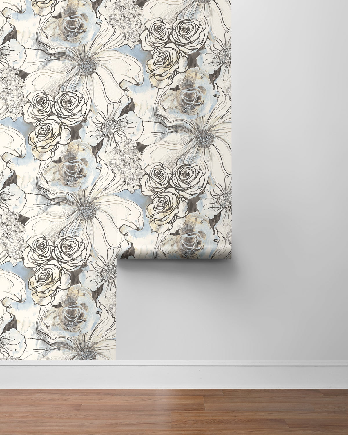 Harry & Grace Blue Mist & Stoneware Ink Rose Peel and Stick Wallpaper - 20.5 in. W x 18 ft. L Roll