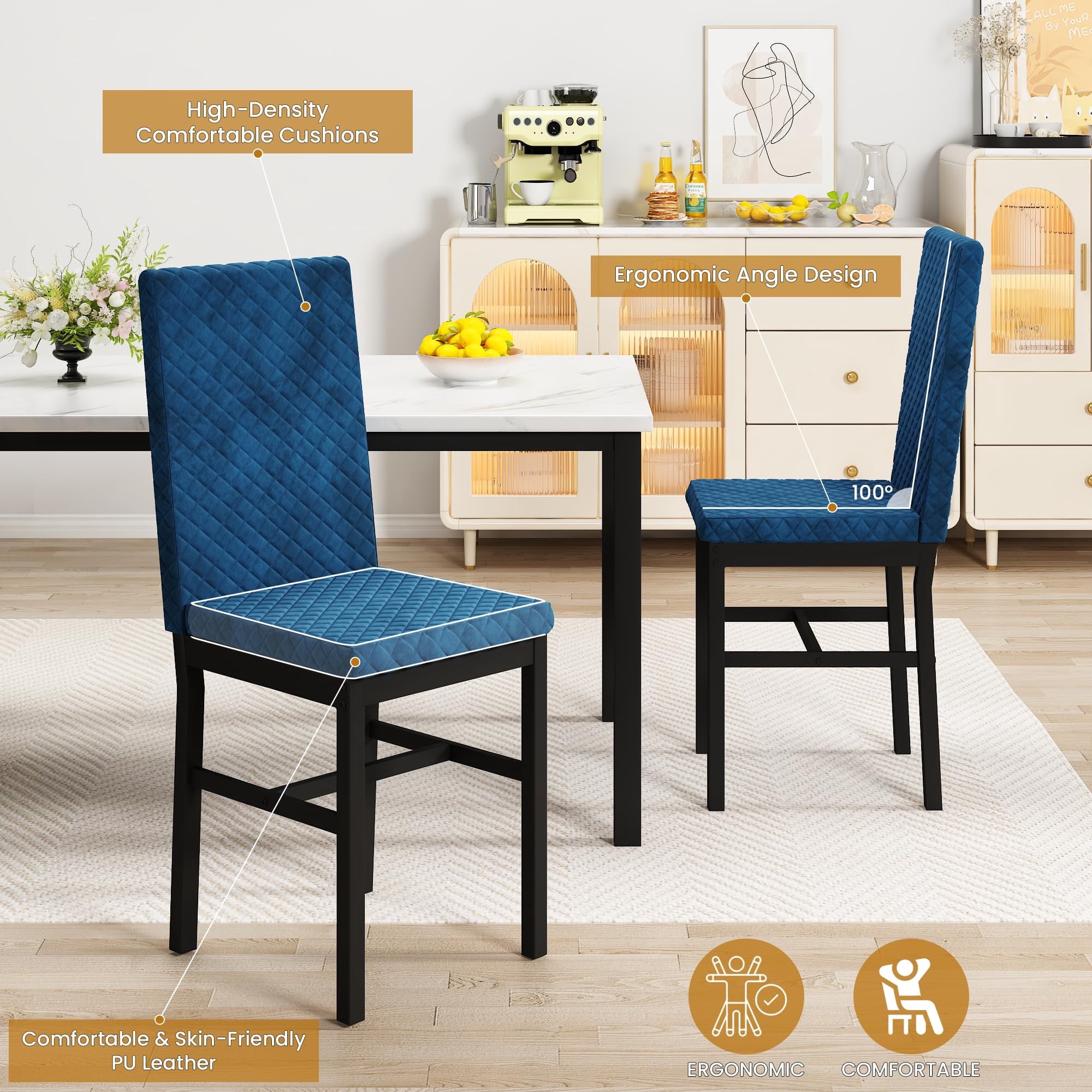 Baxluxe Dining Table Set for 4, Modern 5 Piece Dining Table Set, Faux Marble Kitchen Table and 4 Velvet Upholstered Chairs for Apartments, Dining Rooms, Small Spaces,，Blue + White