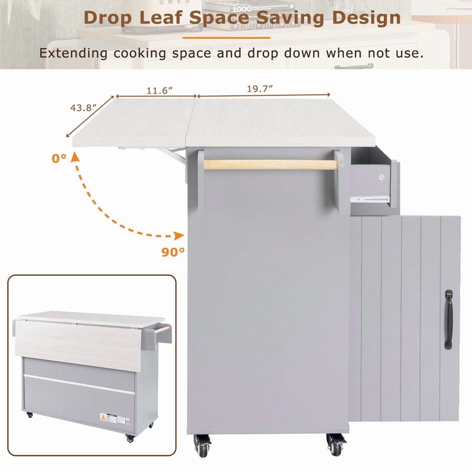 Versatile Rolling Kitchen Island with Trash Can Storage Cabinet, Indoor Kitchen Serving Cart with Drop Leaf, Racks & Drawers
