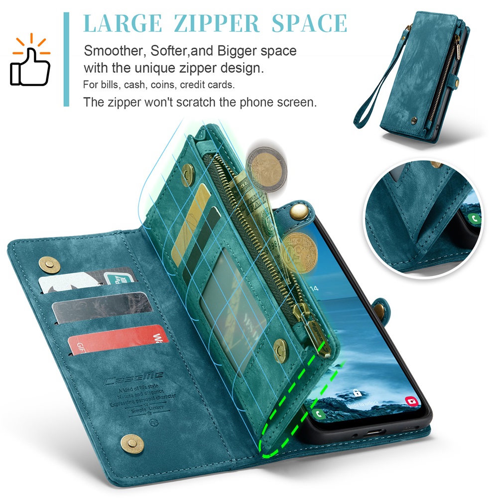 CaseMe Leather Case for Samsung Galaxy A17,2 in 1 Detachable Wallet Case with 8-Card Holder Zipper Bills Slot,Magnetic Shockproof Flip Leather Cover Zipper Pocket Phone Cases,Blue,For Galaxy A17