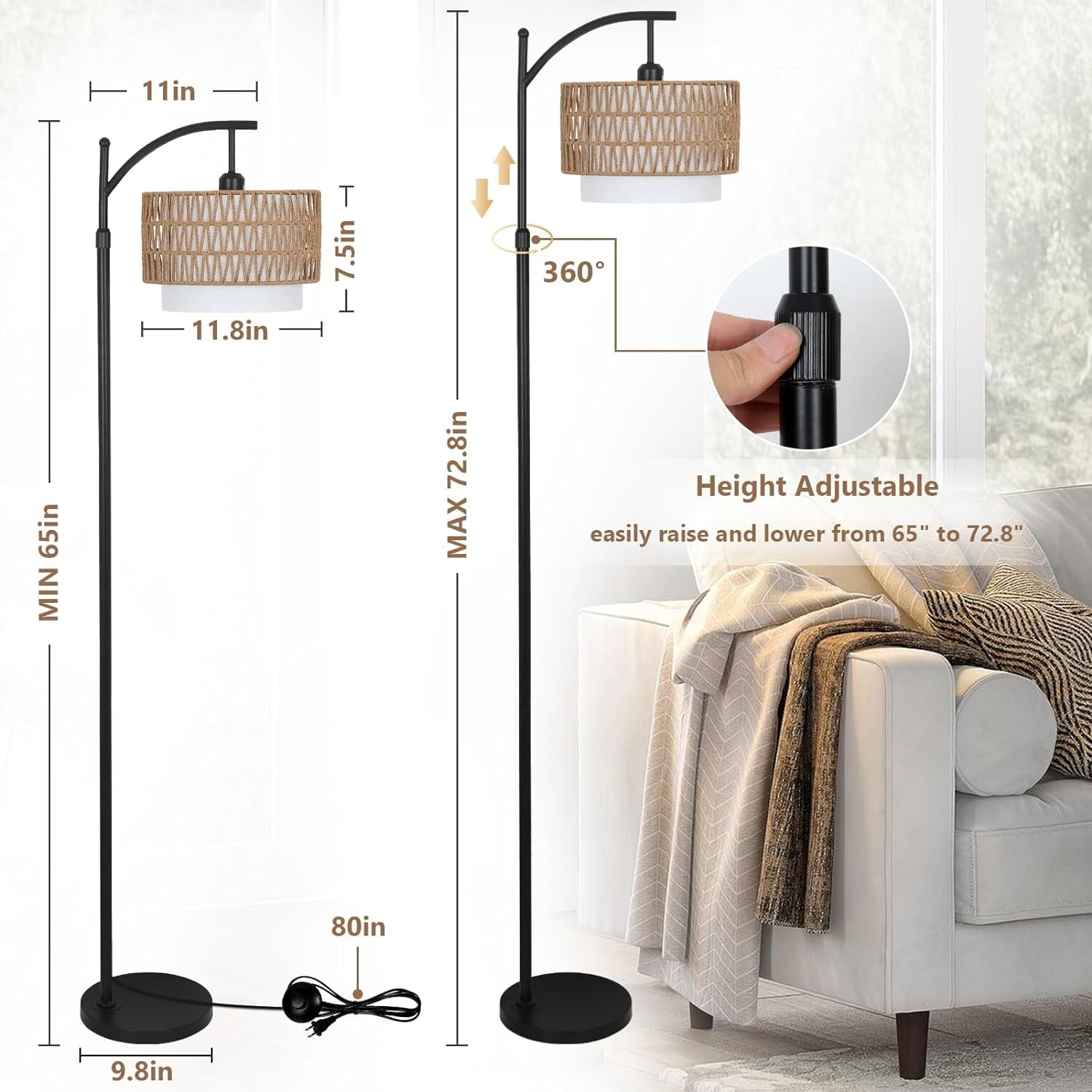Arc Floor Lamp with Rattan and Fabric Shades, Dimmable, Remote Control, Adjustable Height
