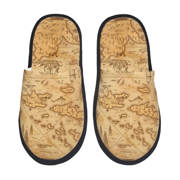 Fotbe Old Vintage Map Of Sea Pantuflas Peludas para Mujer con Estampado, Zapatillas de Peluche, Zapatos de Invierno para Casa, Uso Interior y Exterior-Large