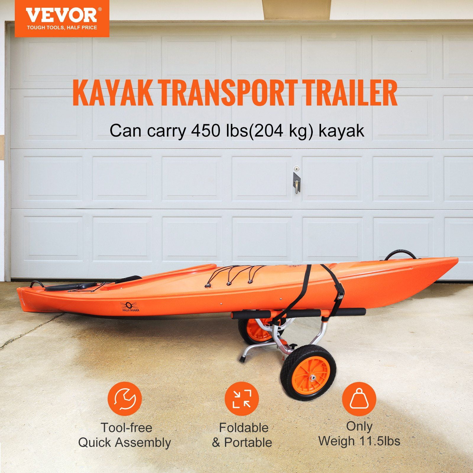 Foldable Kayak Trolley Cart – Heavy Duty 12" Wheels, Adjustable 6.69"-17.32" Width, 350 LB Weight Capacity for Canoes, Paddleboards, Jon Boats & Float Mats