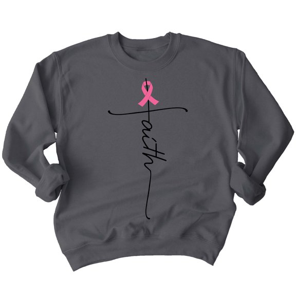 Breast Cancer Support Faith Cross Crewneck Sweatshirt, S, Charcoal