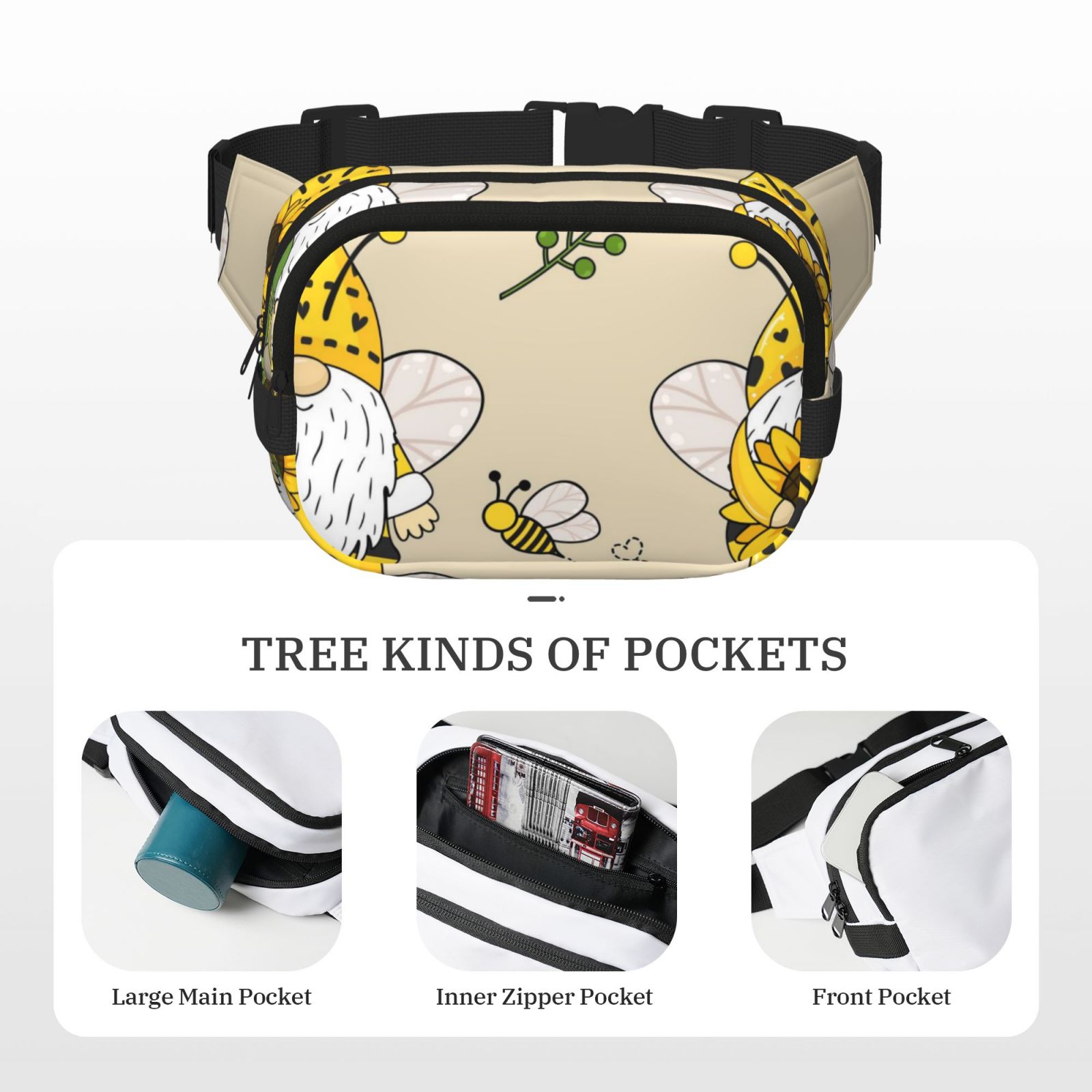 Picia Gnomes Bees And Sunflowers Print Square Double-Layer Waist Bag Mini Adjustable Waist Belt Bag Exercise Running Travel Hiking