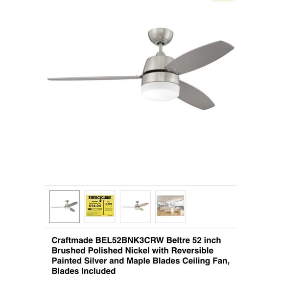 Craftmade BELTRE brushed Nickel 52 inch ceiling fan with light
