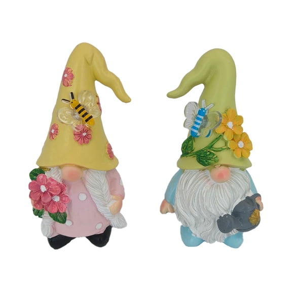 Spring Gnome Figurines Set of 2, Floral Garden Decor with Bee and Butterfly, Yellow and Green Hats, Resin, 4.53 inches Height