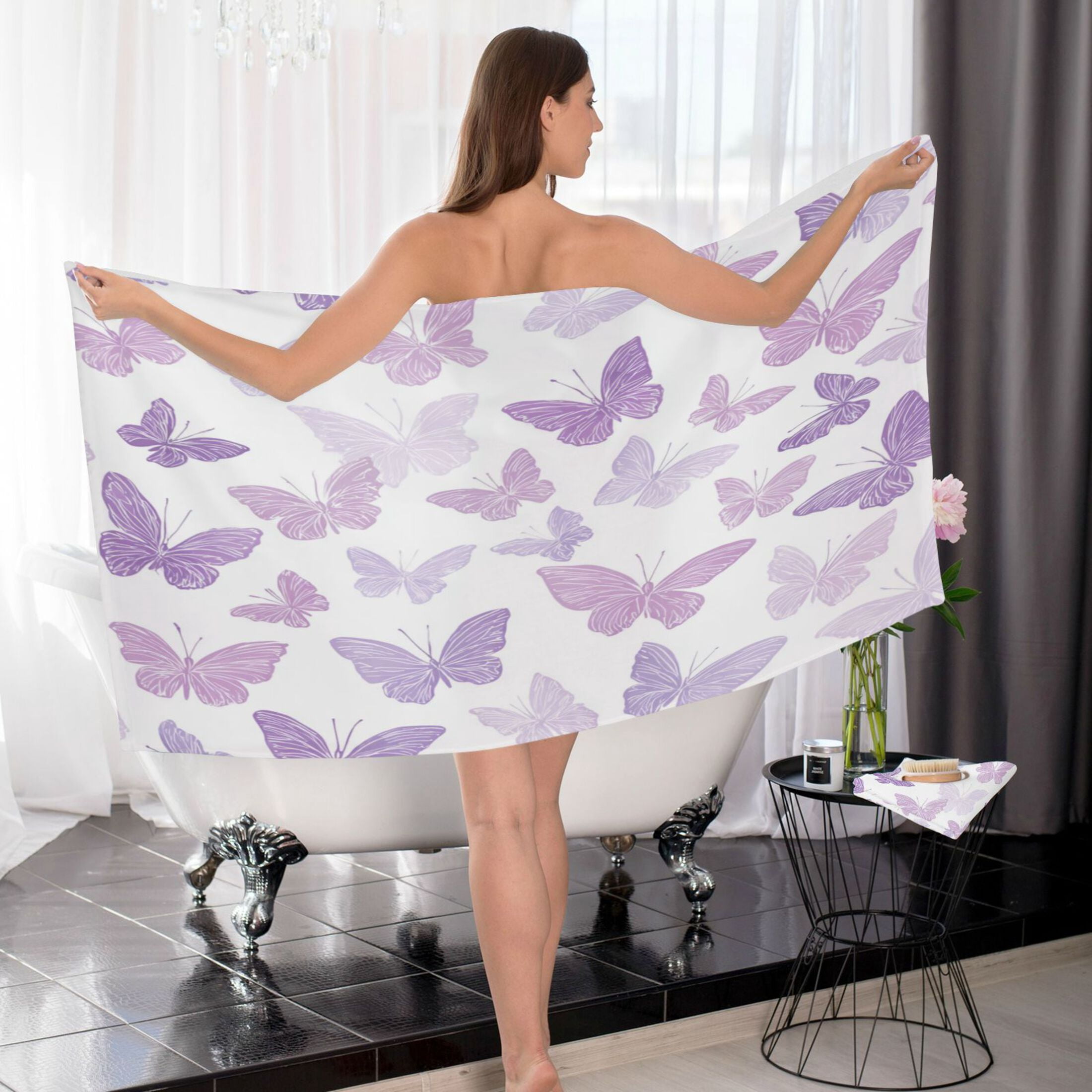 Qxltty Purple Butterfly Bath and Hand Towel Set 100% Cotton Towels for Bathroom Soft Durable and Absorbent