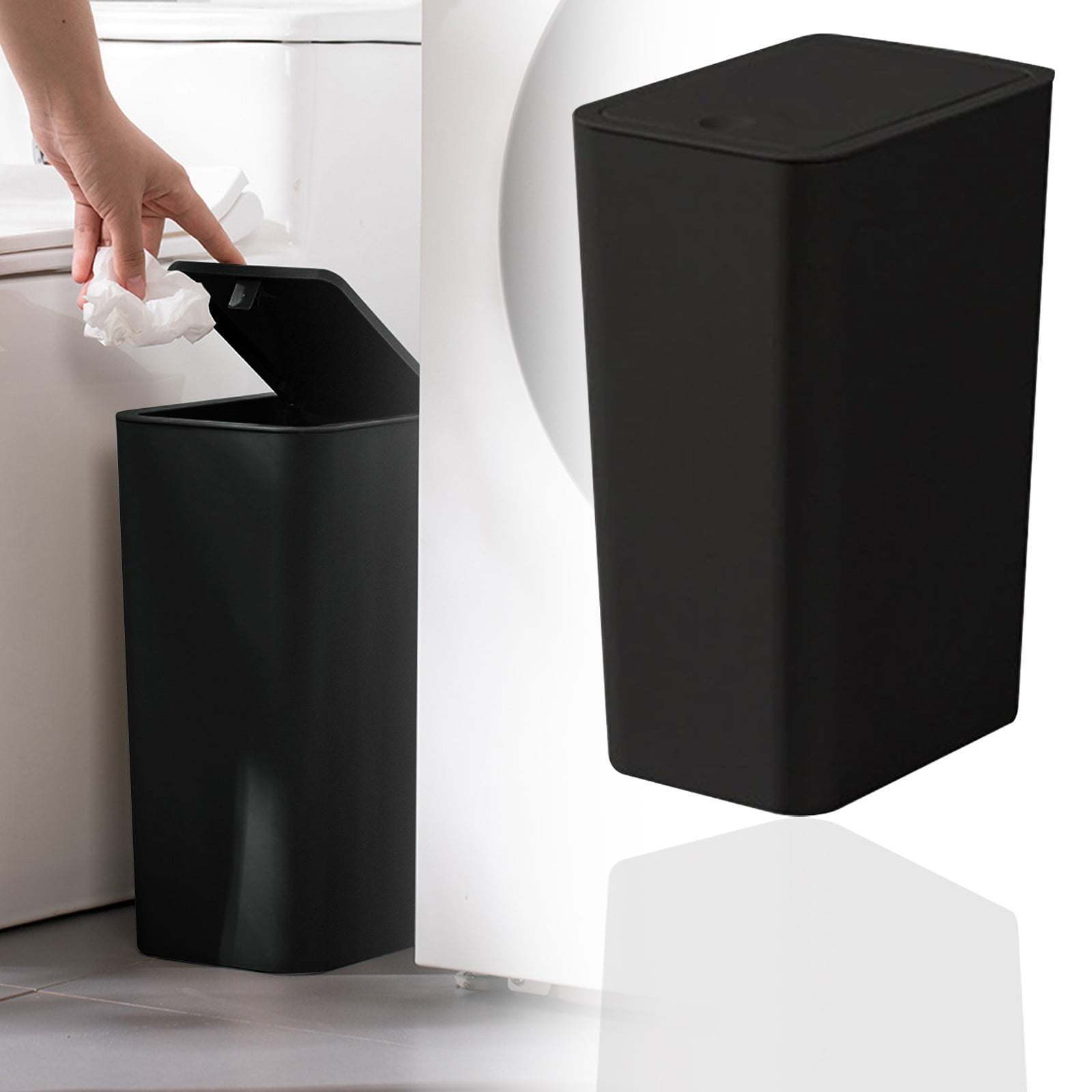 1Pc Large Black Bathroom Trash Can With Hinged Lid & Up Cover Premium Durable Plastic For Home Toilets Bedrooms Bathroom Living Room Garbage Can Trash Bins Home Office Use(Black,10x6.9x13.4")