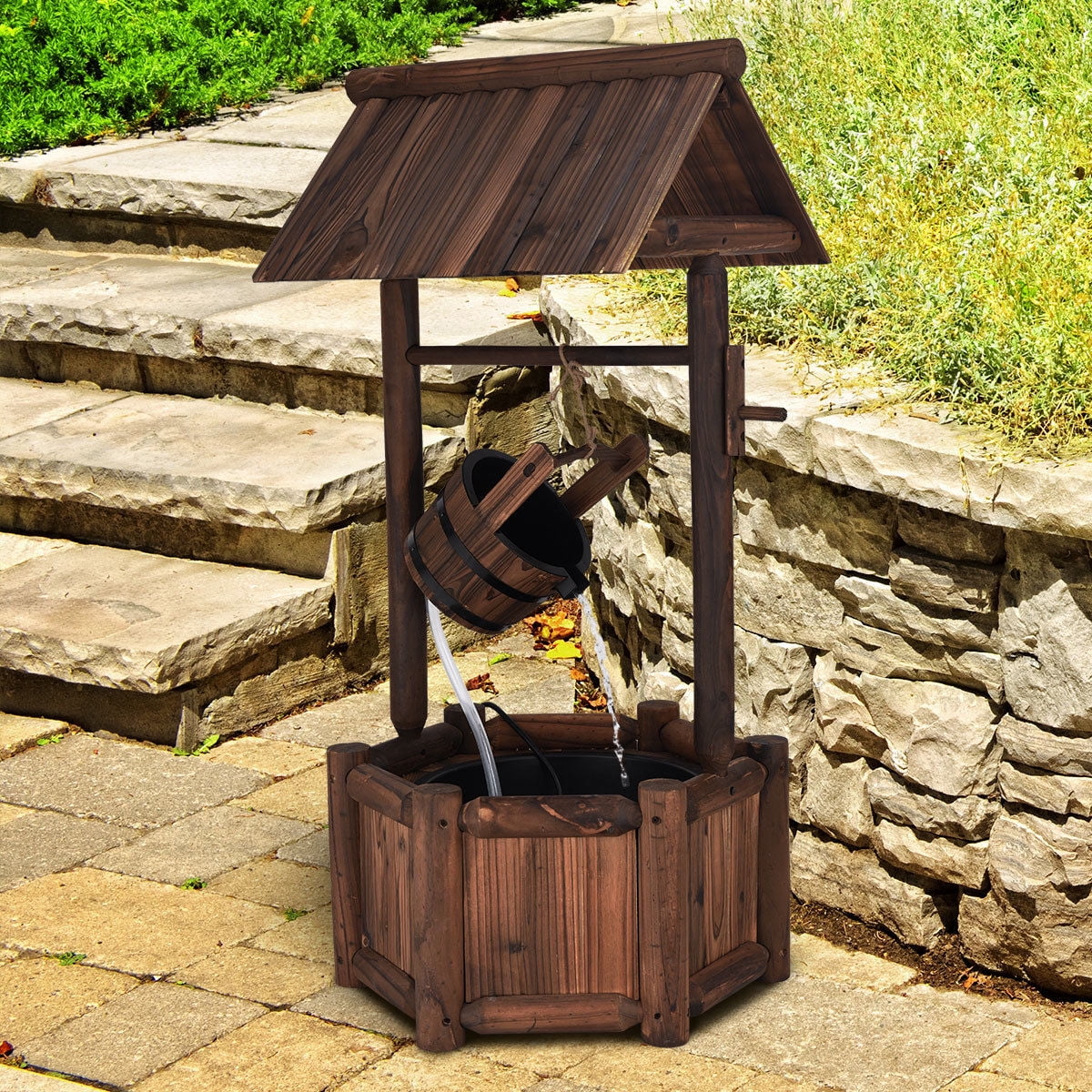 Wishing Well Wooden Water Fountain with Pump Patio Yard Outdoor Water Cascade 