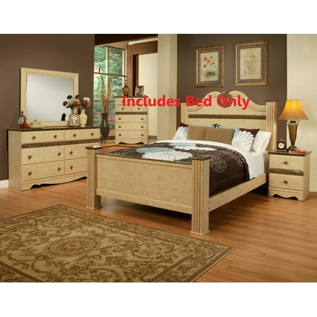 Queen Size Bisque Wood Transitional Four-Poster Panel Bed (Headboard, Footboard, Rails