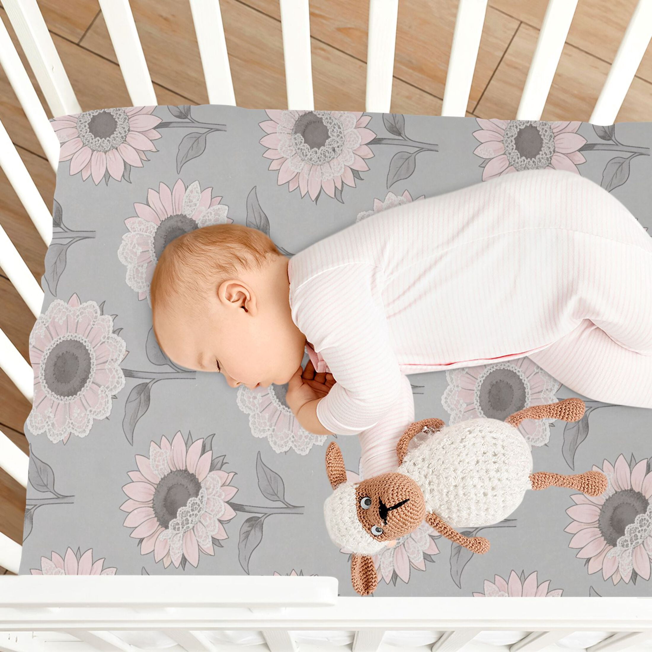 Baby Essentials 52”x 28”- Standard Cotton-like Modal Elastic- Gray Sunflower Design Crib Sheets for Newborns and Toddlers