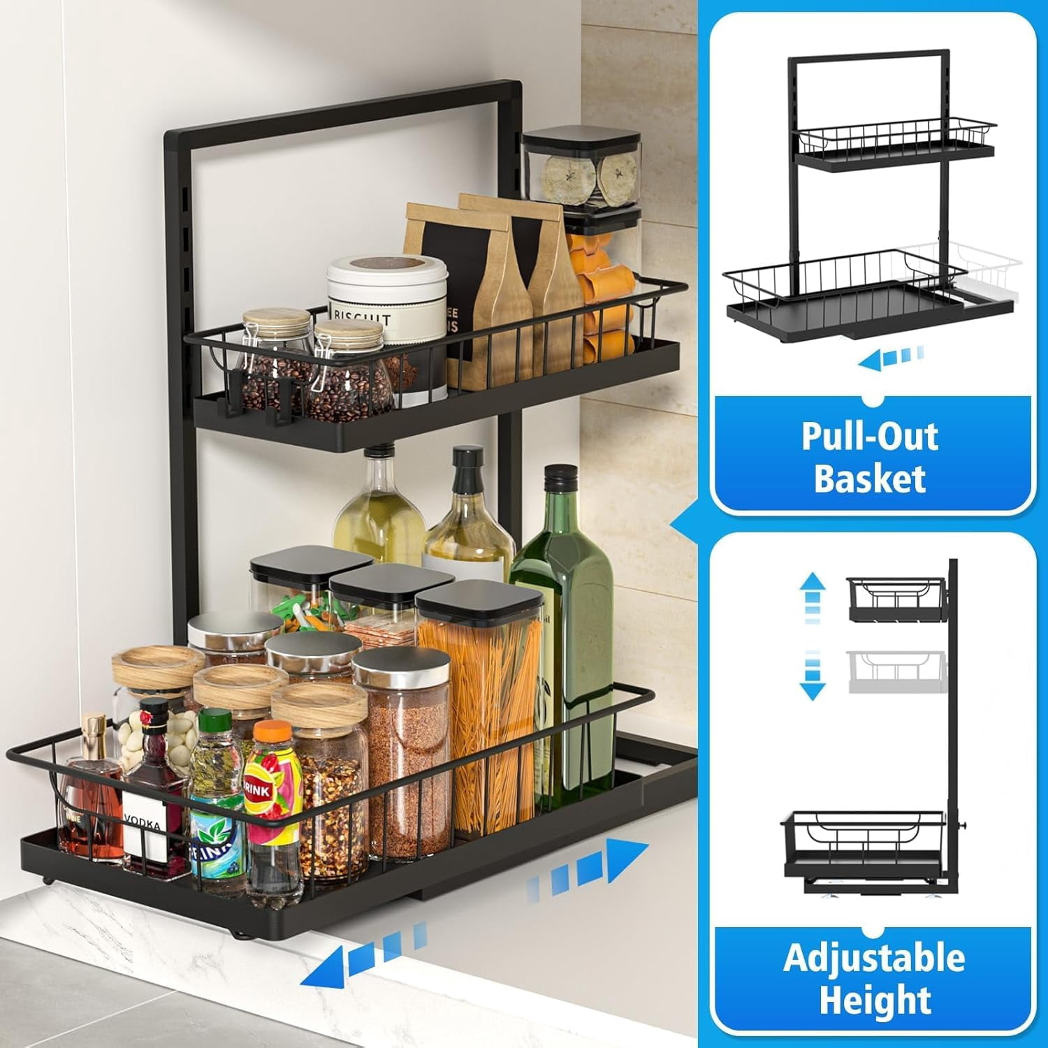 Under Sink Organizer 2 Pack, 2-Tier Cabinet Organizer for Kitchen, Bathroom, Slide Out Drawer Under Sink Organizers and Storage, Metal Organizing Rack for Pantry, Cabinet, Closet
