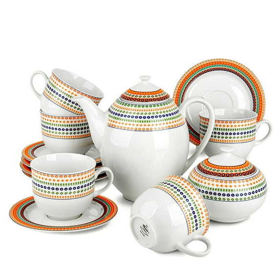 Tea Party Set for Women Antique Mosaic Porcelain Tea Set of 14 for 6 pers. 1 Teapot 1 Sugar Bowl 6 Cups 6 Saucers Wedding Teapot Set for Adults
