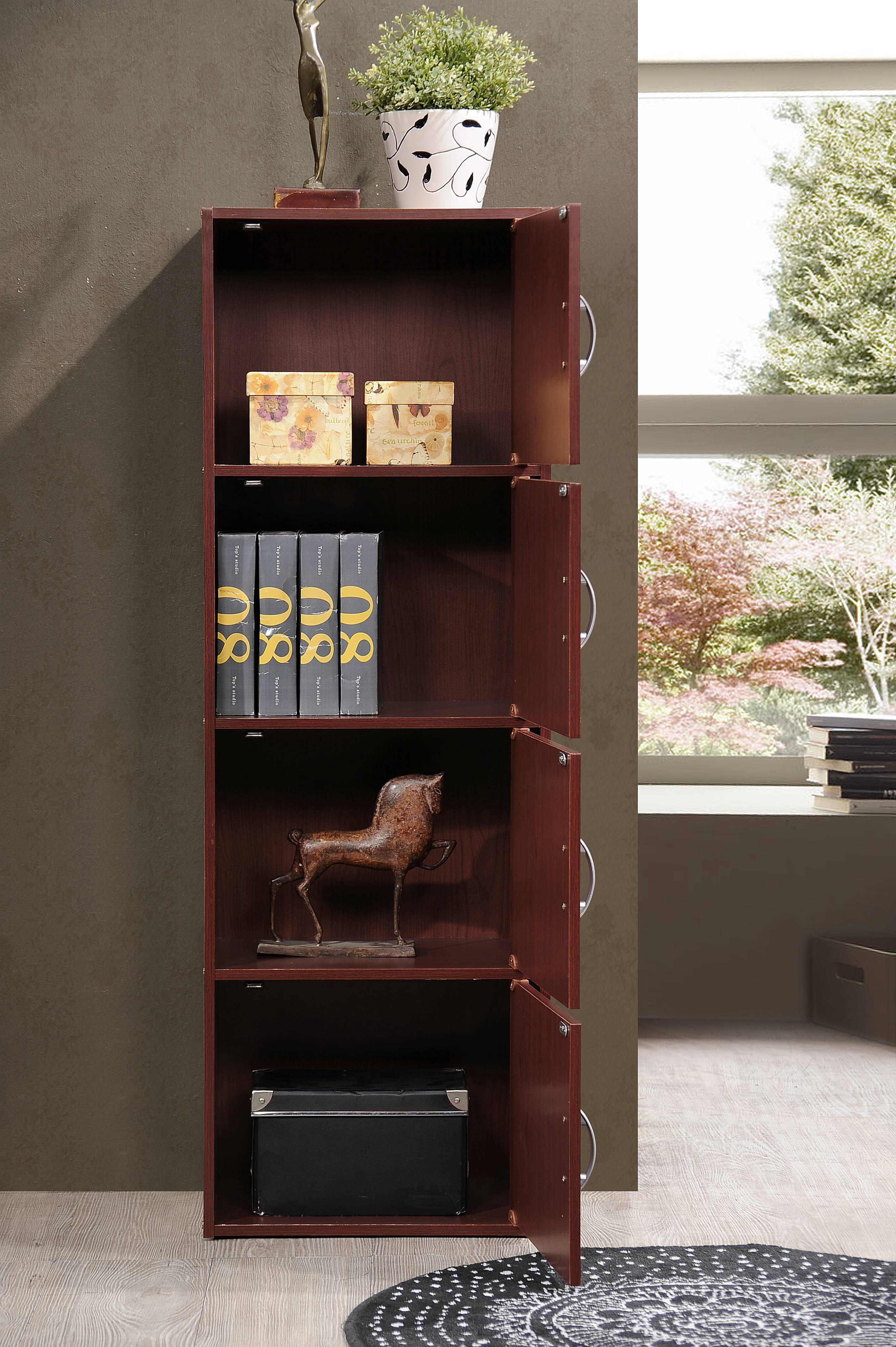 Hodedah 4-Shelf, 4-Door Bookcase in Mahogany