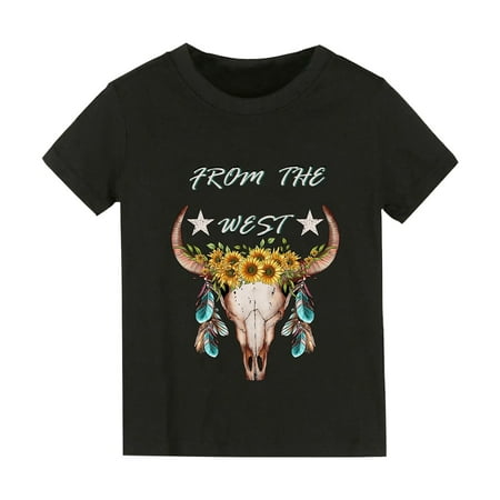 

Toddler Girl T Shirts Summer Solid Color Cow Head Cartoon Form The Wests Print Boys And Tops Short Sleeved T Shirts For Boys And Girls For 4-6 Years