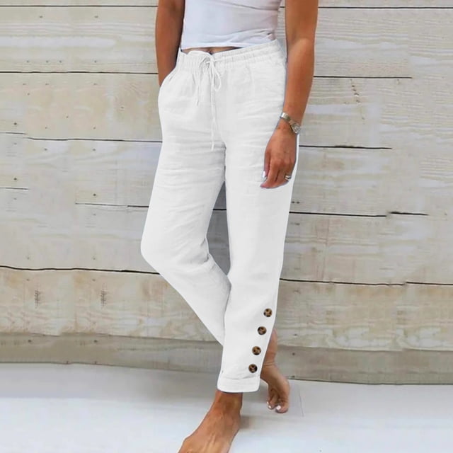 WILLBEST Pantalones Casuales para Mujer: Pantalones Holgados de Lino de Color Liso con Cintura Elástica para Un Estilo Sencillo y Cómodo. XXXL