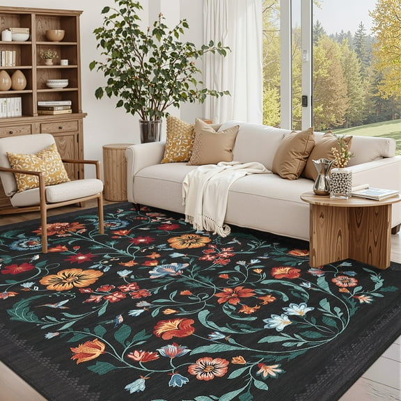 Hasoo Washable Living Room Area Rug 8x10 Large Modern Floral Soft Stain Resistant Indoor Black Carpet