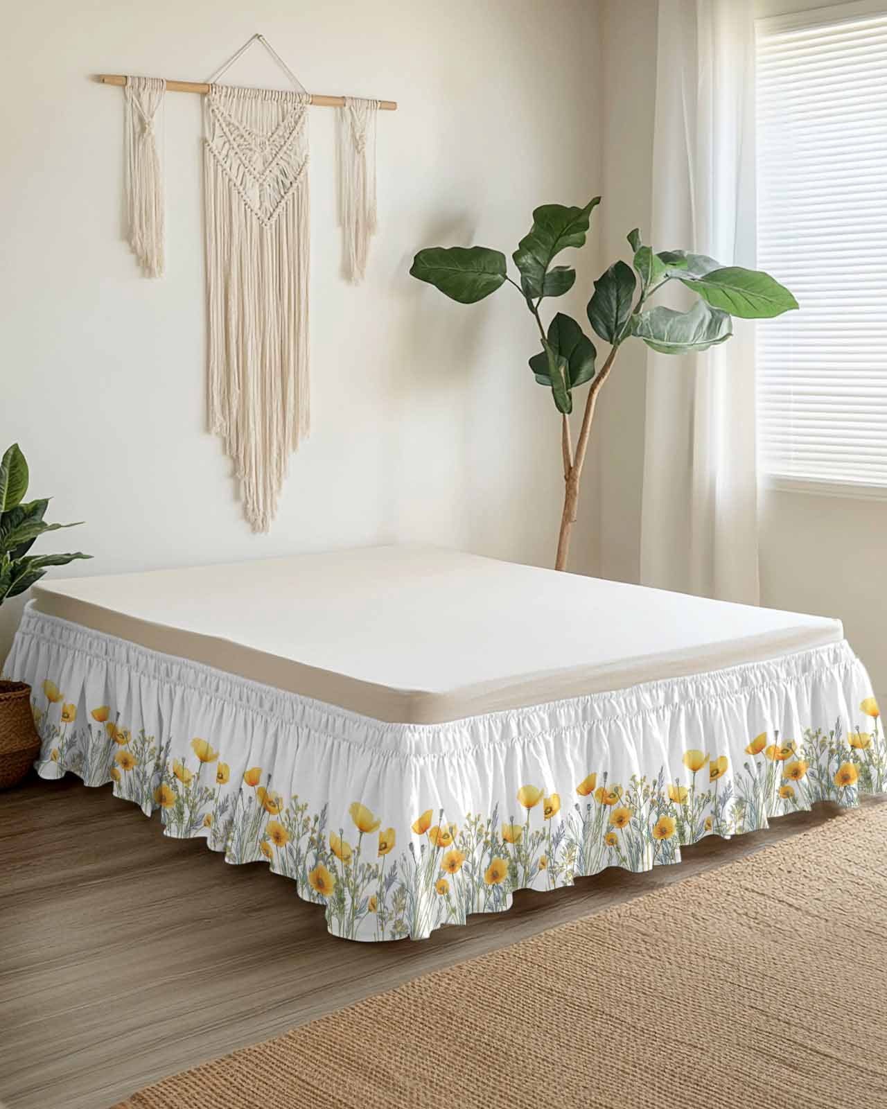 Yellow Spring Floral Wrap Around Bed Skirts for King Bed 18" Drop, Bed Skirt with Adjustable Elastic Belt Dust Ruffle Bed Valance for Bedroom Hotel Luxury Watercolor Summer Botanical Bed Frame Cover