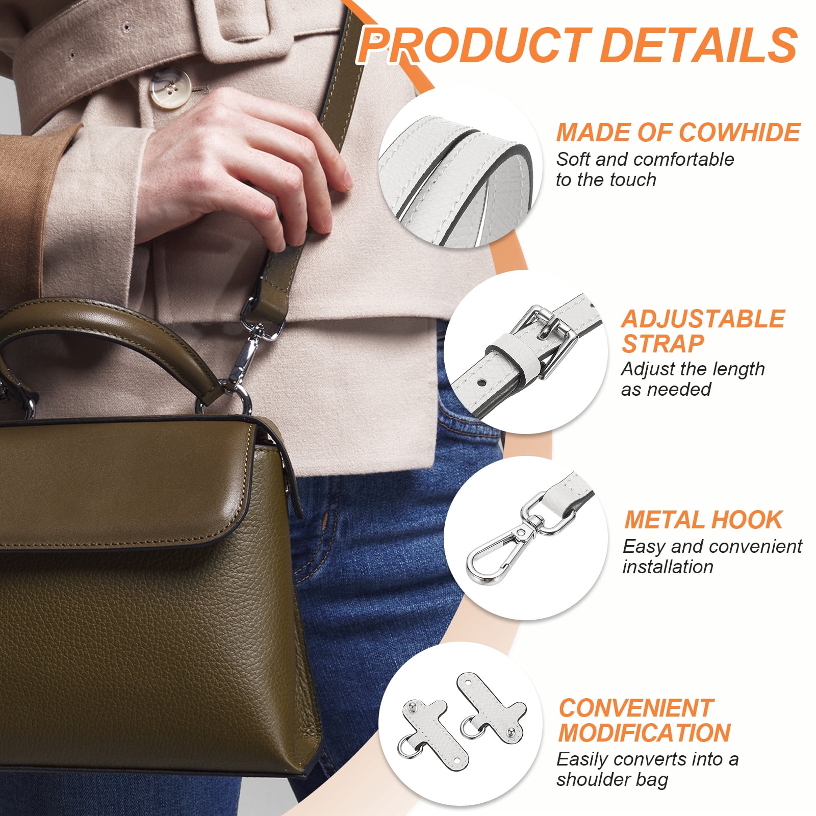 Leather Shoulder Strap, Adjustable Purse Straps Replacement Kit with Clasp for Handbag, White
