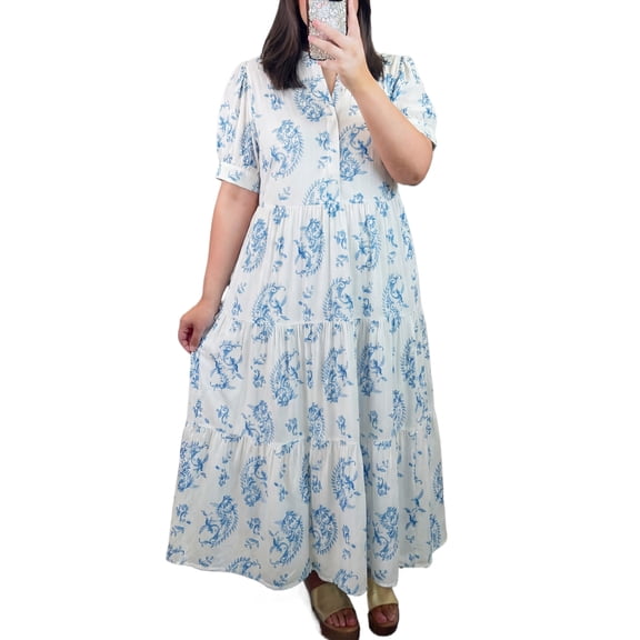 Women's Sky Blue Geometric Floral Maxi Dress – Casual Summer V-Neck with Short Sleeves, 4X