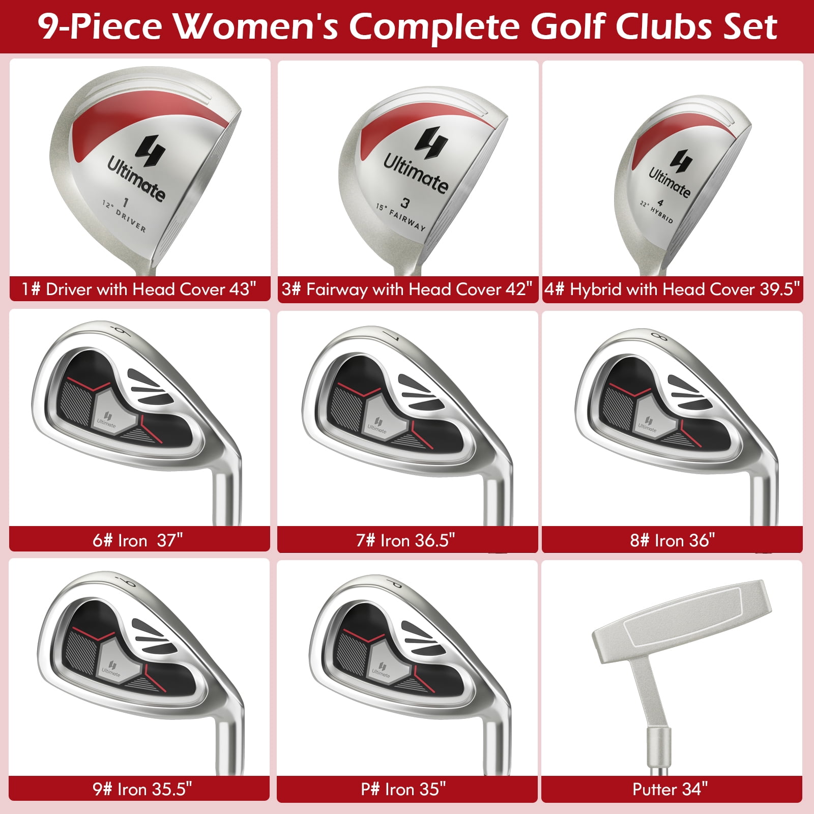 Costway 9 PCS Women s Complete Golf Club Set Right Handed with 460cc Alloy Driver Irons Red Walmart