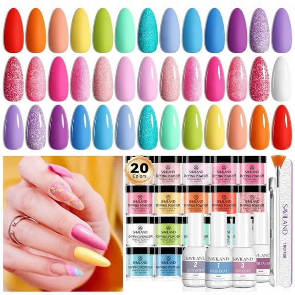 Saviland 29Pcs Dip Powder Nail Kit with Everything - 20 Colors Dipping Nail Powder Kit with Base and Top Coat Activator Brush Saver Dip Powder Liquids Set