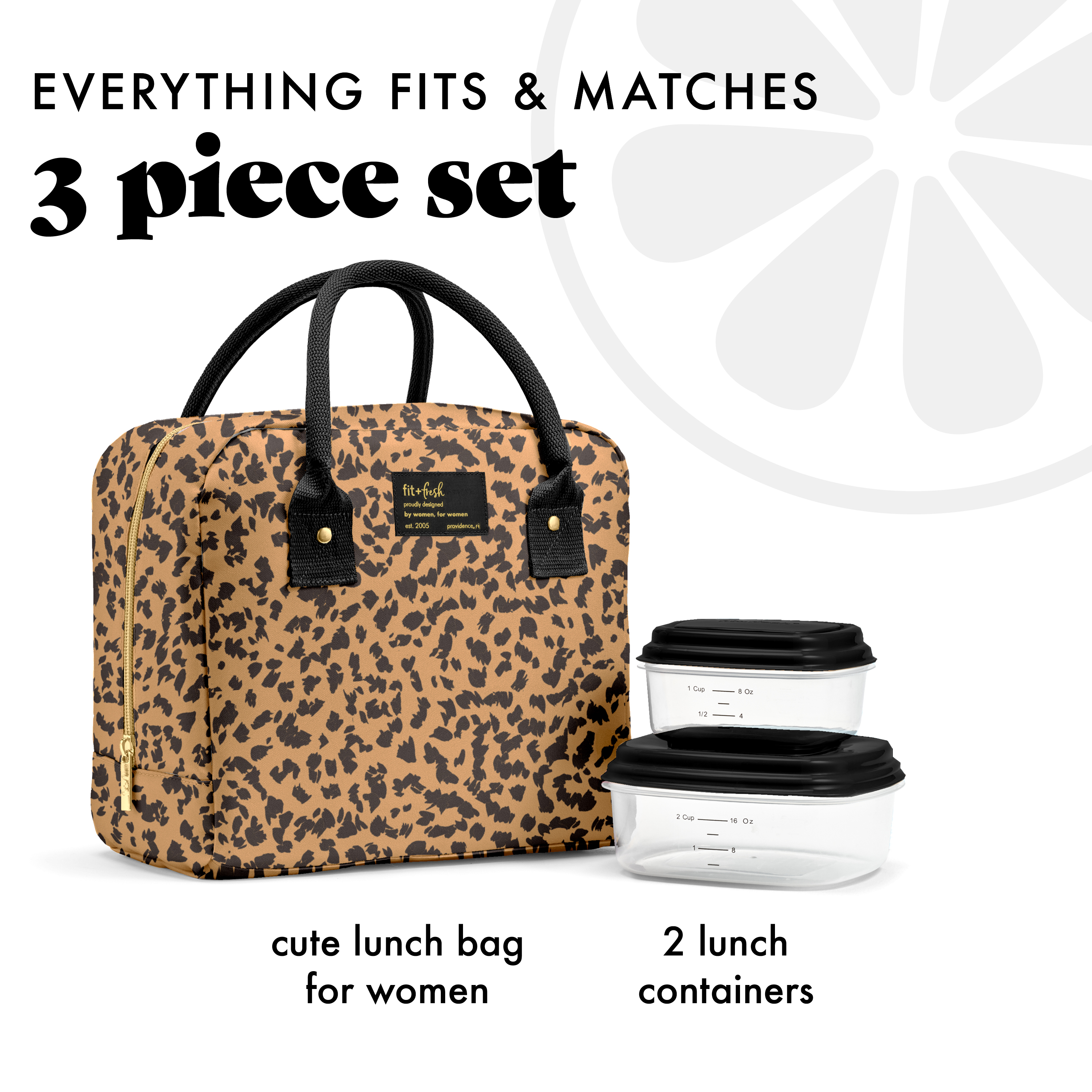 Fit + Fresh Bloomington Womens Lunch Bag, Insulated Lunch Box With Containers, Cheetah