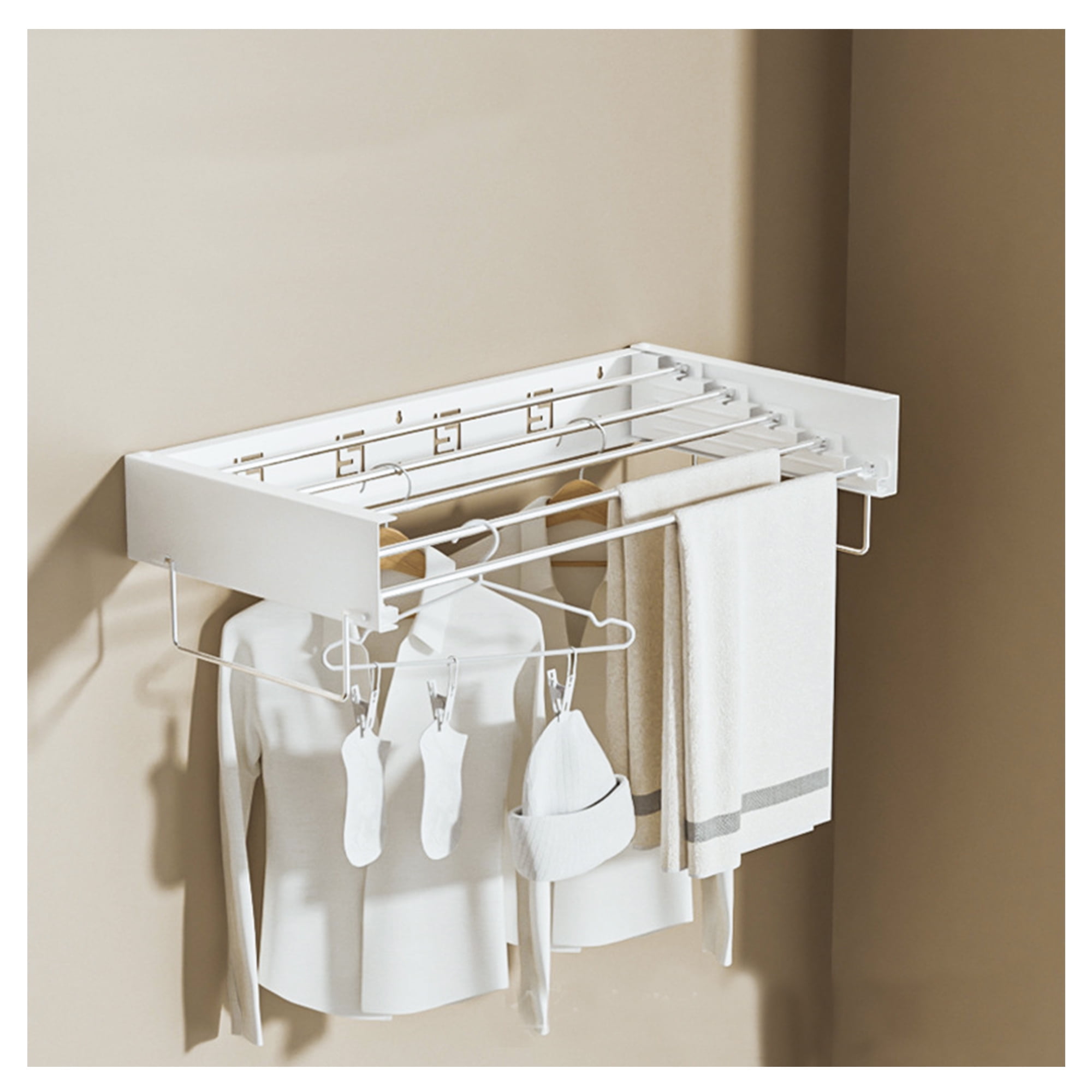 BEAMNOVA Wall Mounted Clothes Drying Rack, 31.5" Foldable Laundry Hanging Drying Rod, Towel Rack, 5 Rods, Aluminum