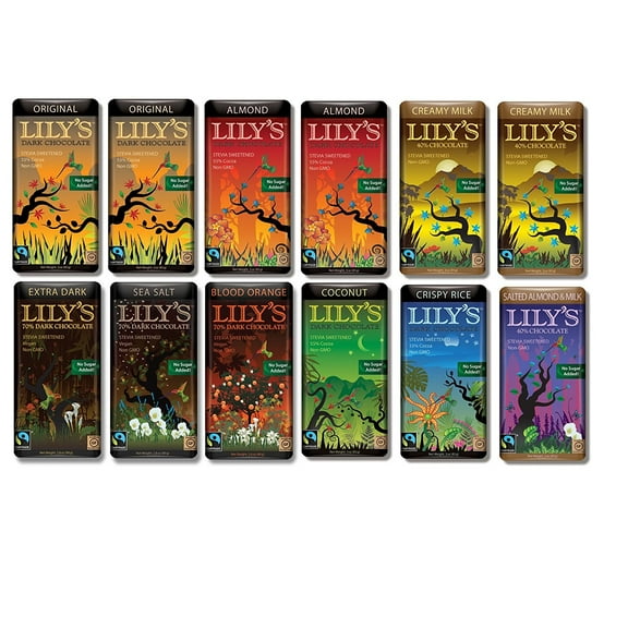 Lily's Chocolate Variety 12 Pack (2 of Each. Original, Almond, Creamy Milk)(1 of Each. Coconut, Crispy Rice, Salted Almond & Milk, Extra Dark Chocolate, Blood Orange, Sea Salt)