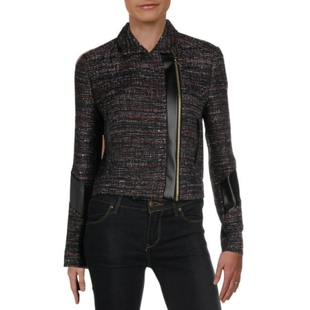 Rachel Zoe Womens Faux Leather Moto Tweed Jacket Black M