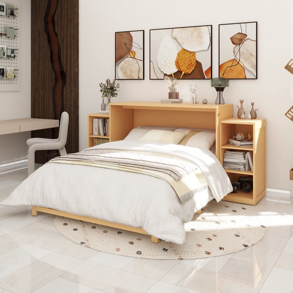 Full size Murphy bed with spacious storage drawers and shelves. Ideal for guest rooms or compact bedrooms.Golden