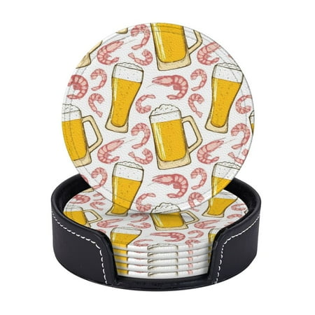 

6 Pcs Leather Coasters Hand Drawing Pattern Of Glasses With Beer And Shrimps Coasters For Drinks Cup Mat Pad Housewarming Gift Ideal For Home Decor