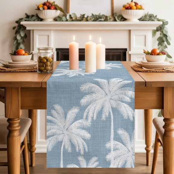 Light Blue Palm Trees Dining Table Runner, Summer Beach Tropical Farmhouse Washable Table Runners Kitchen Coffee Table Center Decor for Home Party Holiday Wedding 13 x 72 Inches