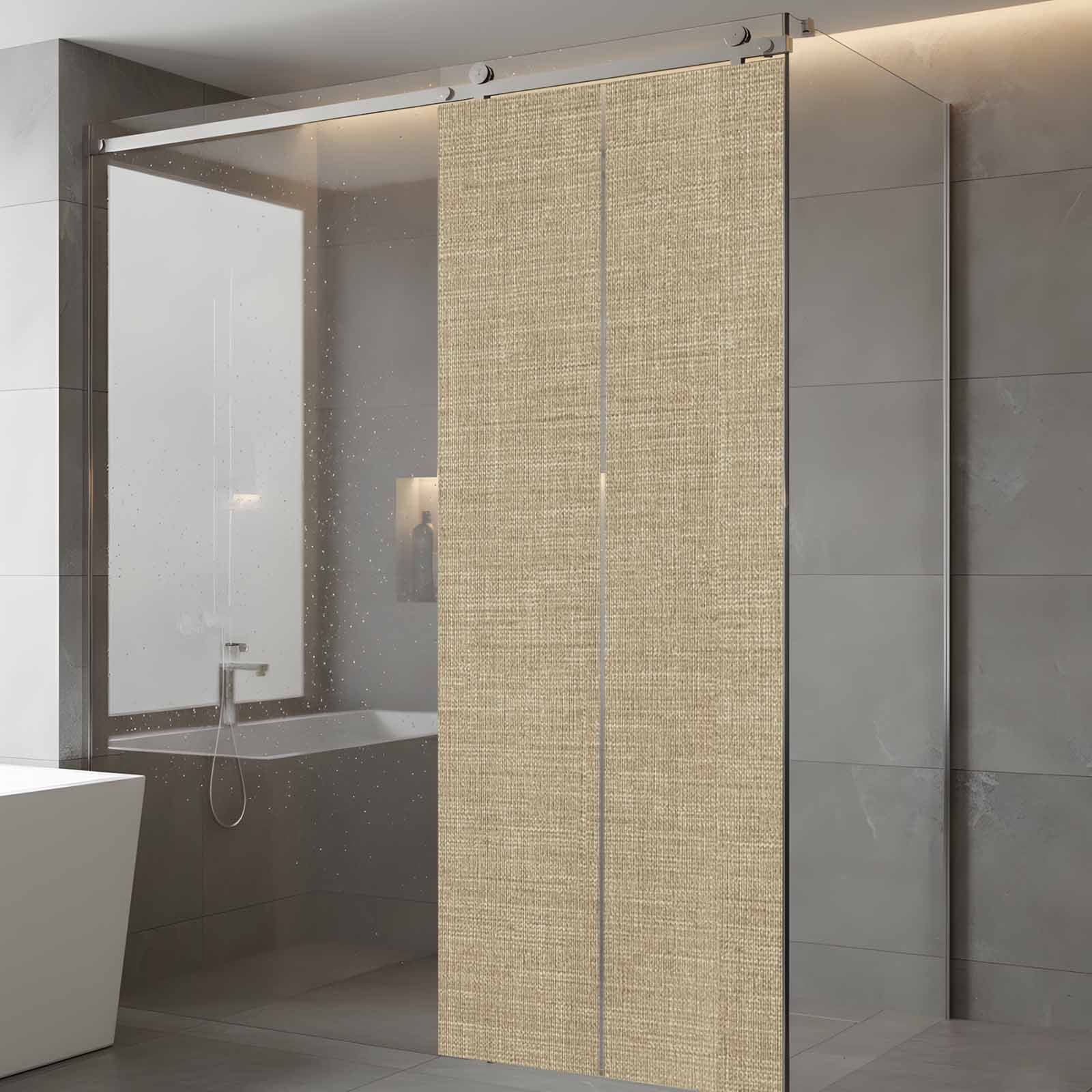 Static Cling Door Window Covering, Beige Window Privacy Film Frosted, Farmhouse Burlap Solid Brown Color Modern Linen Texture UV Blocking Windows Film for Office, Hotel, Bedroom, 29.5 x 78.7 Inches