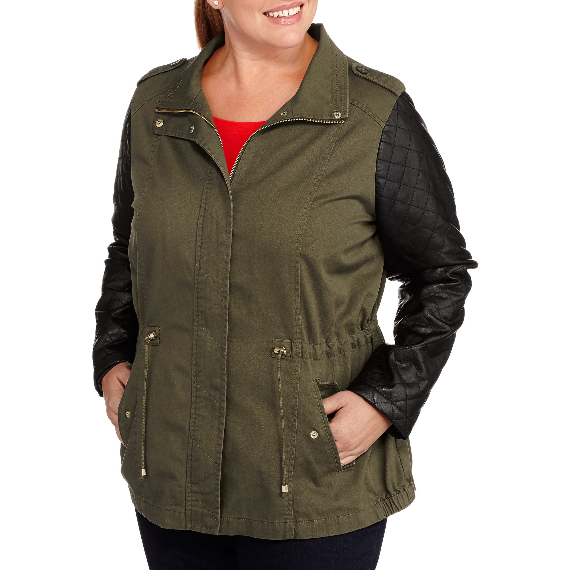 Women's PlusSize Cargo Jacket With Quilted Faux Leather Sleeves