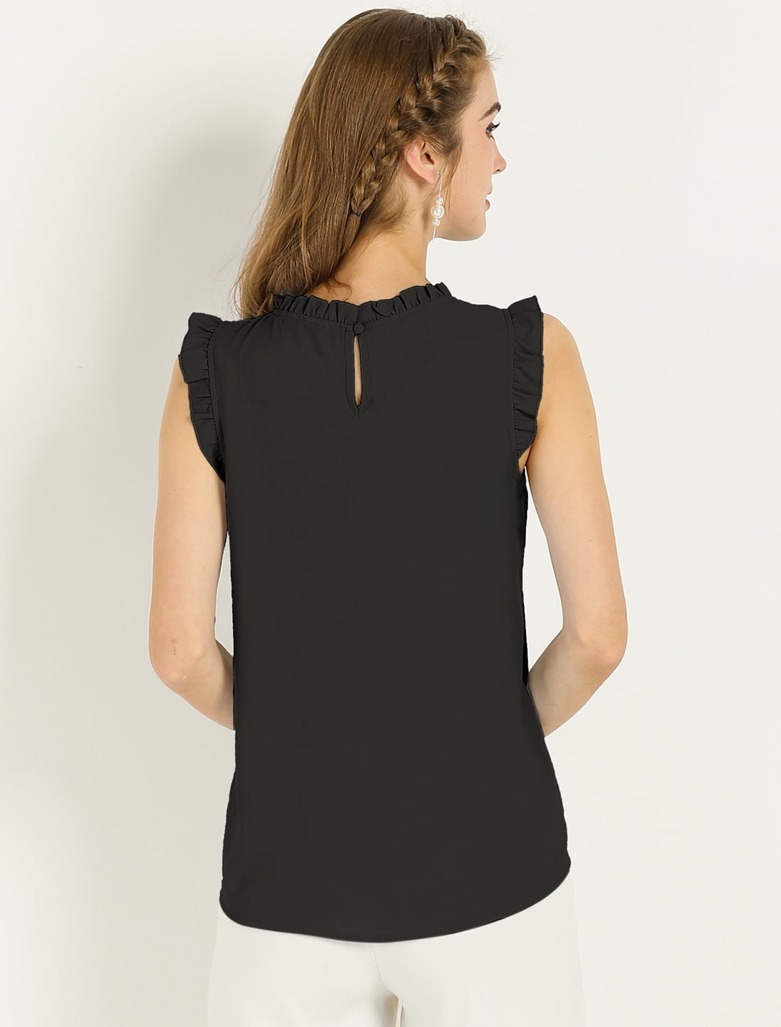 DARING DIVA Ruffled Trim Pleated Plain Blouse Top 3XL Black