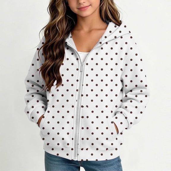 Maqroz Girls Polka Dots Jackets Cute Print Hoodie Jacket Long Sleeve Zip Up Casual Fall Winter Trendy Outerwear with Pockets White,4-5 Years