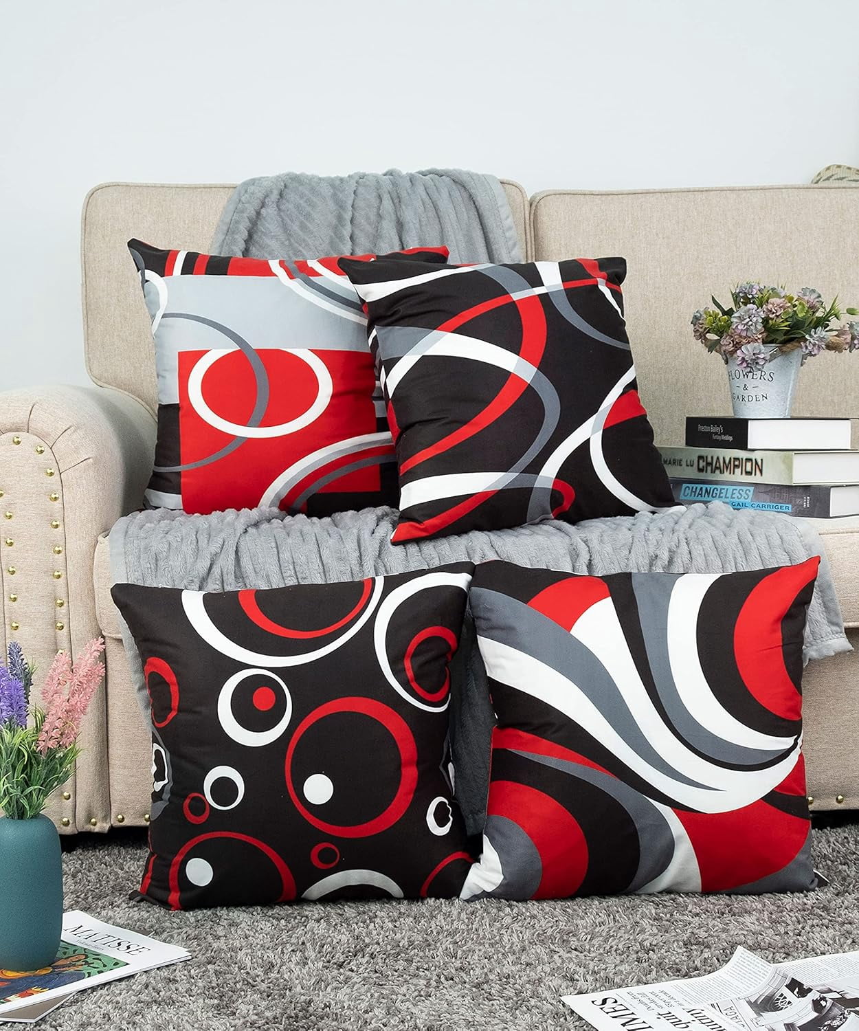 Red and Black Throw Pillow Covers Set of 4 18x18 Inch Abstract Modern Geometric Square Cushion Cases for Sofa Bed Couch Add Bold and Dramatic Accents to Your Living Room