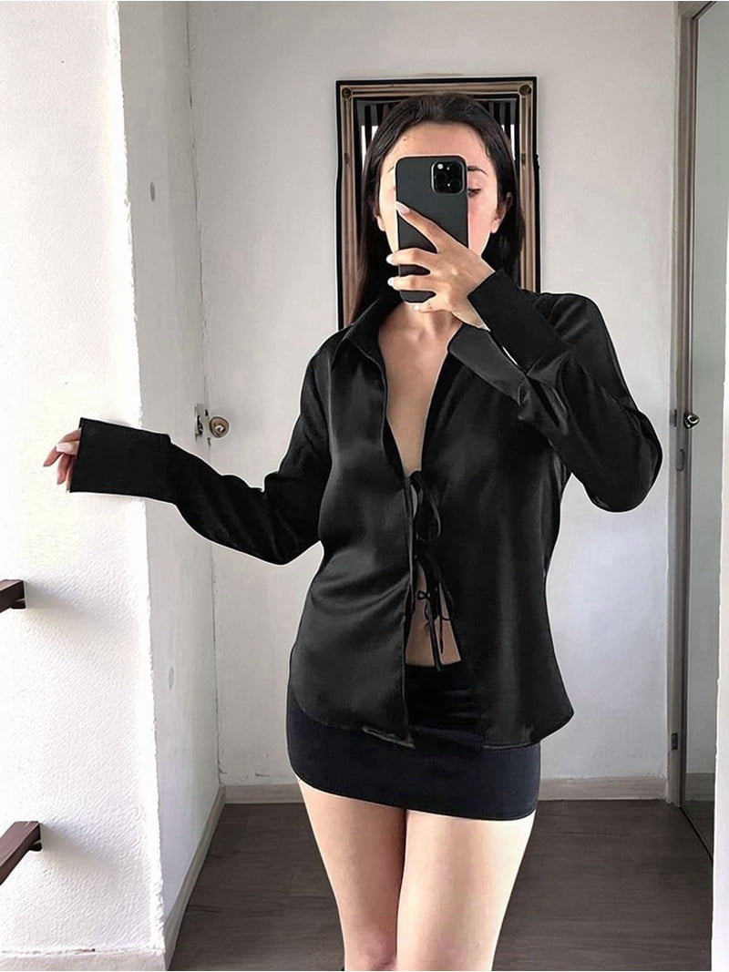 FANCY CLUB TIE SHIRT トップス　シズニルック Womens Sexy- Tie Front Satin Shirts Deep V Neck Silk Club Tops