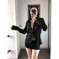 thumbnail image 3 of Womens Sexy- Tie Front Satin Shirts Deep V Neck Silk Club Tops Long Sleeve Y2k Going Out Blouse Black XL, 3 of 6