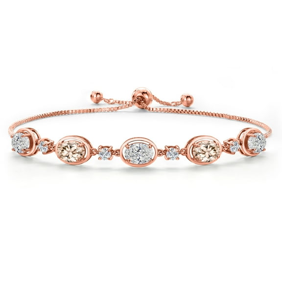 Gem Stone King 18K Rose Gold Plated Silver White Lab Grown Diamond and Peach Morganite Bracelet for Women | 3.40 Cttw | Gemstone April Birthstone | Oval 7X5MM | Fully Adjustable 9 inch