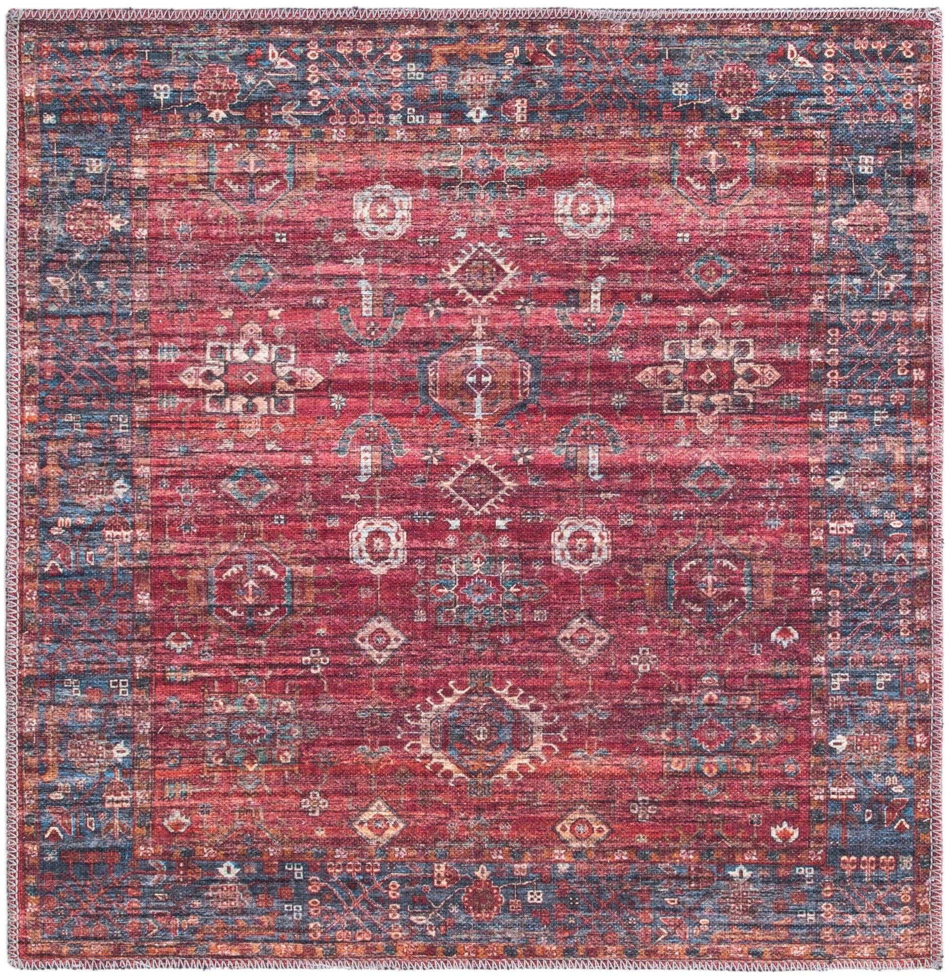 Maahru Collection Washable Rug 3 Ft Square Rust Red LowPile