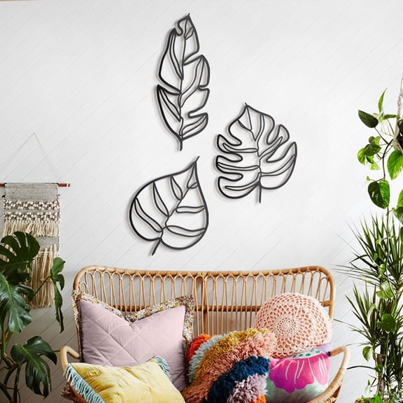 SUSSEXHOME Animula Three Leaves Metal Wall Art – Matte Black, Home Office and Living Room Decoration – Metal Wall Decor, Modern Style, Set of 3