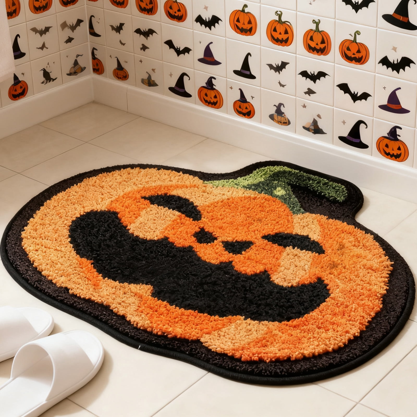 Sanmadrola Halloween Bath Rugs Mat Halloween Decoration Indoor Bath Mat Non Slip Bathroom Shower Rugs Pumpkin Shape Super Absorbent Machine Washable 24''x24''