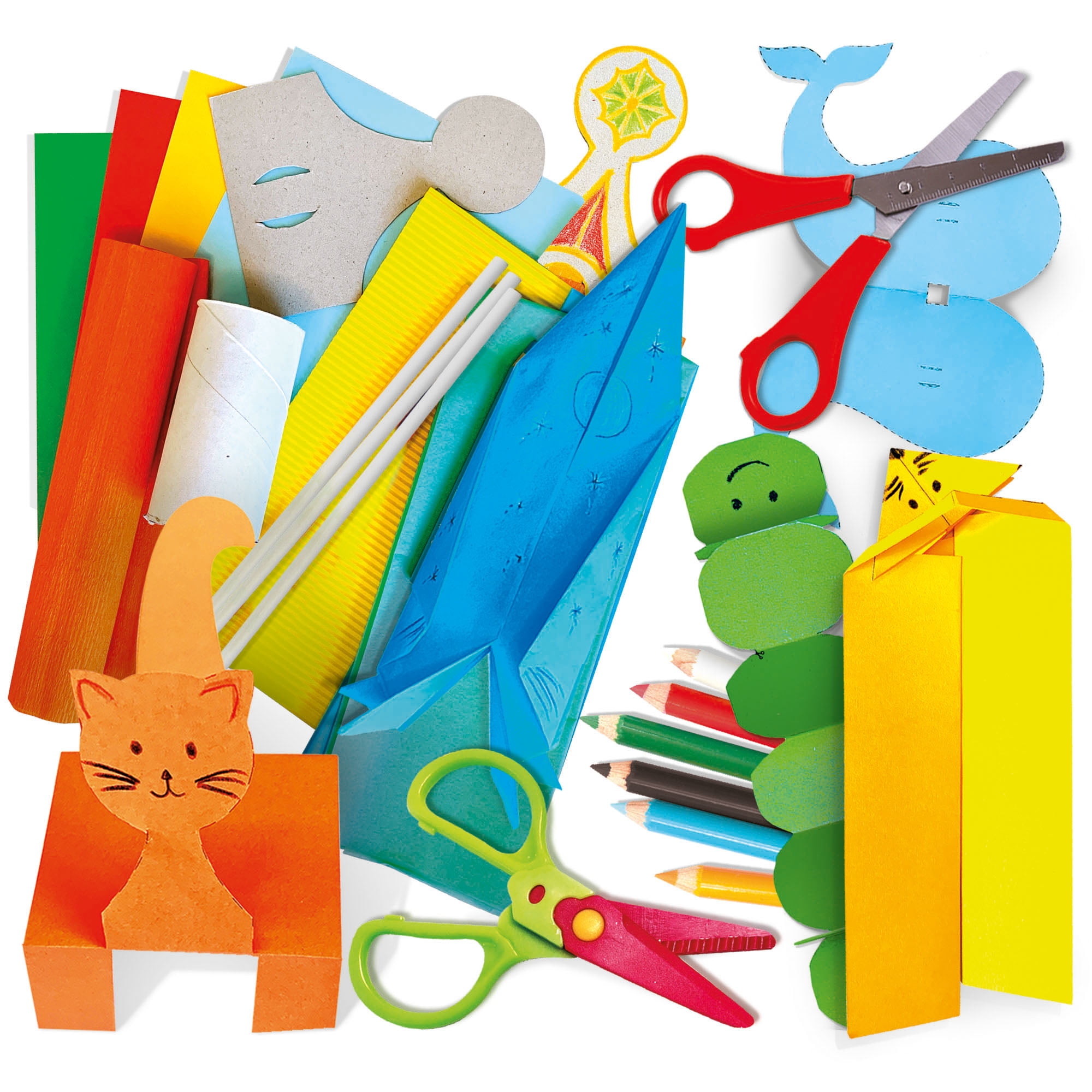 Headu: Glue-Free Creations - DIY Craft Kit, Transform Paper Into Artwork Creations, Cut-Fold-Insert, 6 Color Pencils, 8 Craft-Art Activities, Kids 5+