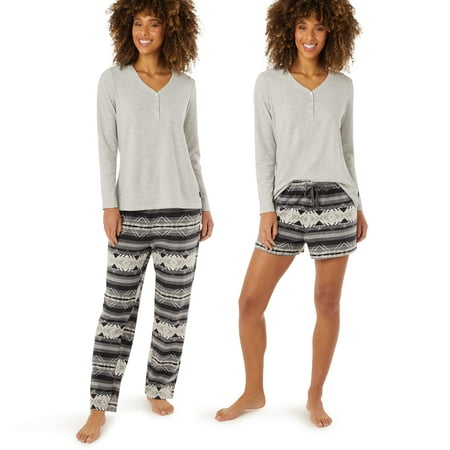 

Eddie Bauer 3-Piece Waffle Knit Pajama Set for Women – Long Sleeve V-Neck Henley Matching Print Pants & Shorts Assorted Colors - 3 Large