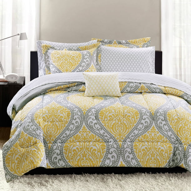 Mainstays Yellow Damask 6Piece Bed in a Bag Bedding Set, Twin
