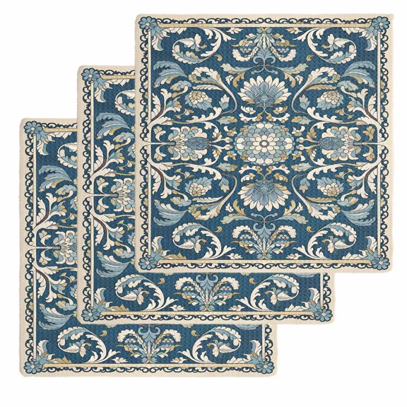 Blue Boho Flowers Kitchen Dish Towels for Drying Dishes Set of 3, Country Vintage Abstract Floral Waffle Weave Microfiber Hand Tea Bathroom Towels Quick Dry & Absorbent Towel 12x12