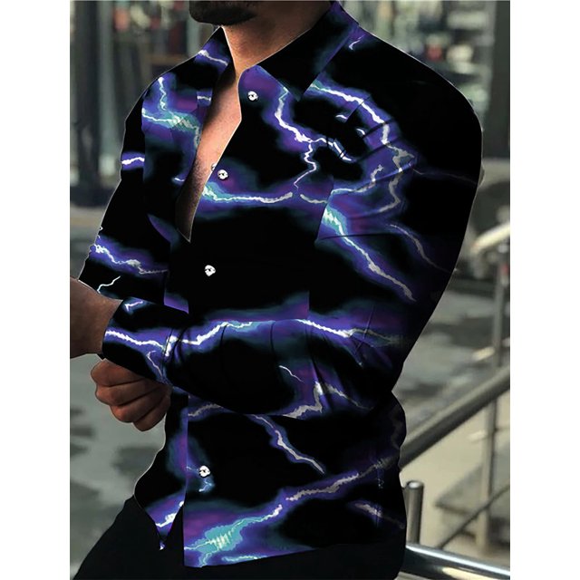 Camisa para hombre de gran venta, estampado 3D de relámpagos morados y rojos, ropa de calle de manga larga con botones, diseño de moda informal